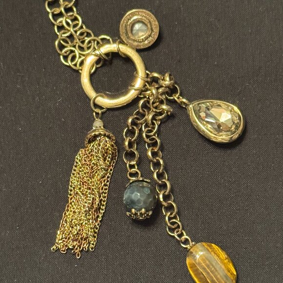 Jewelry - Vintage Fashion Long Charm Necklace Gold tones Tassel Stones